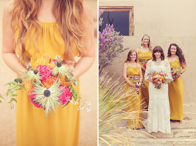 bridesmaids wearing yellow dresses