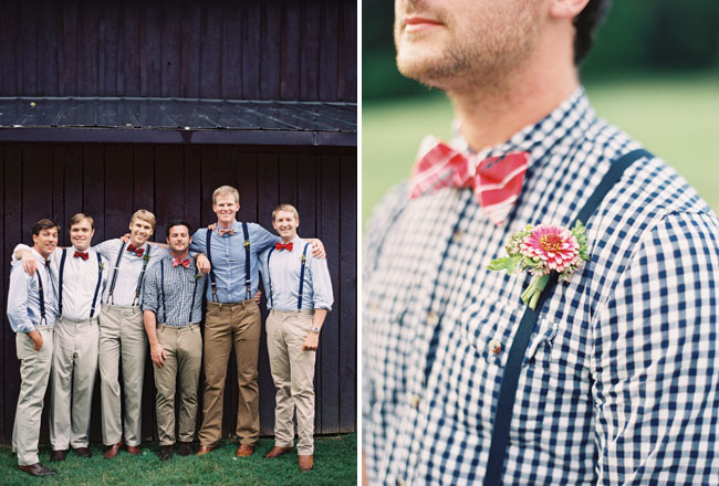groomsmen in suspenders and plaid shirts