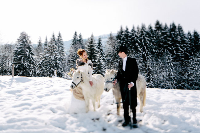 bride and groom snow