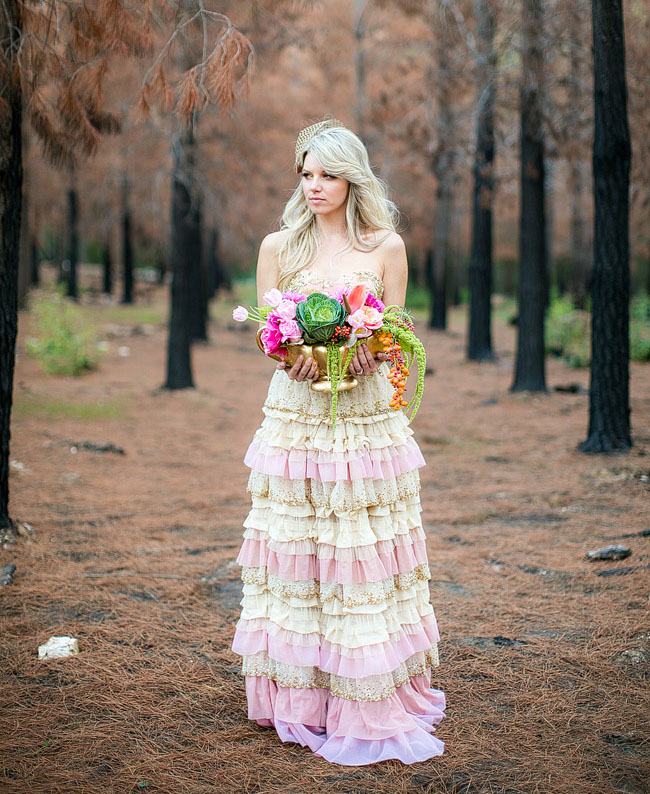 pink and gold ruffle wedding dress