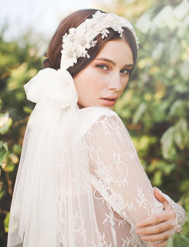 bridal hair wrap with veil at back