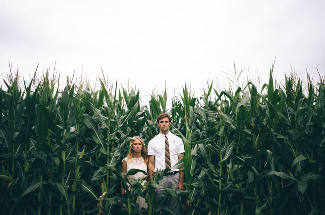 bride and groom in a corn field