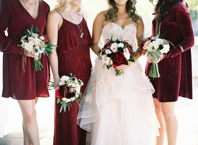 deep red velvet bridesmaids