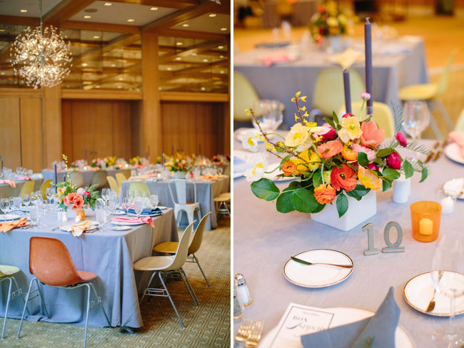 blue and pink reception table