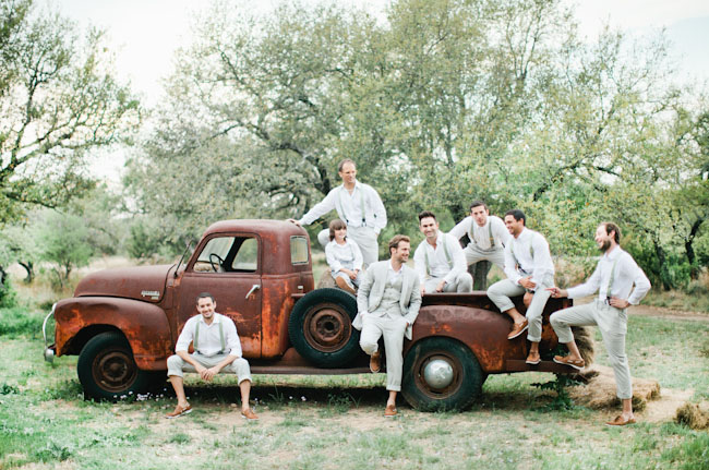antique truck and groomsmen