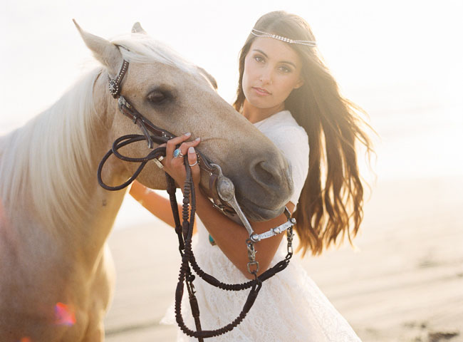boho beach bride with horse