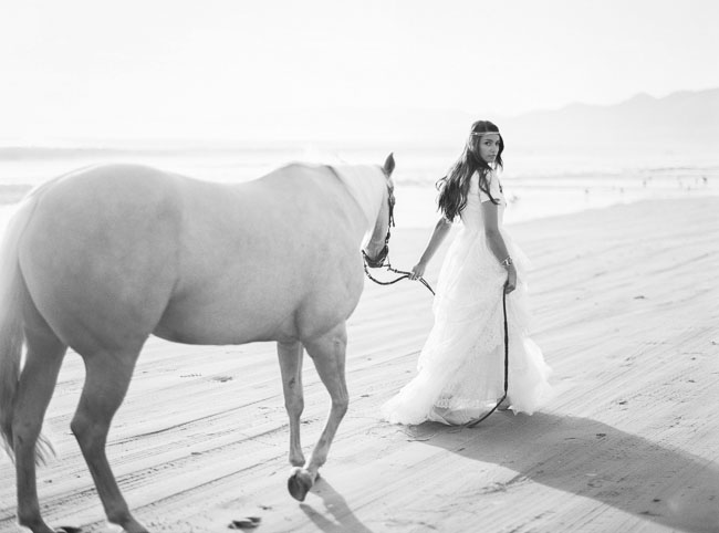 boho beach bride with horse