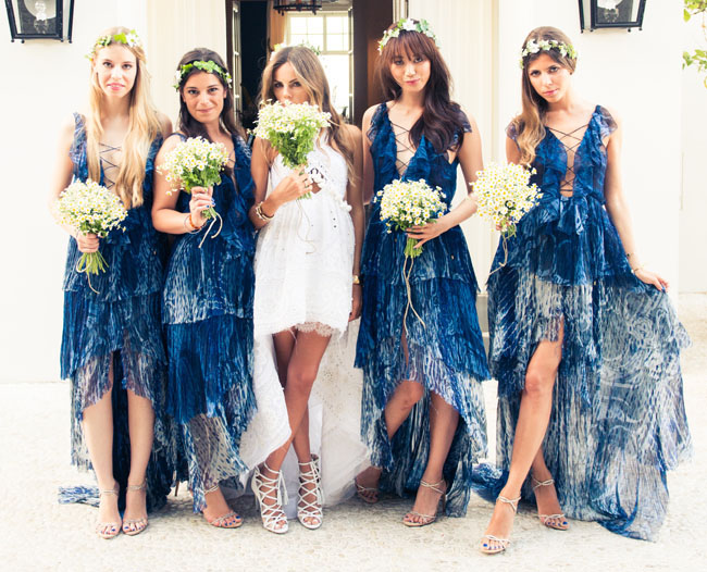 bridesmaids in indigo dresses