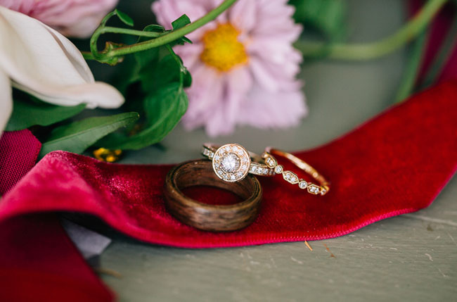 halo engagement ring and wood ring