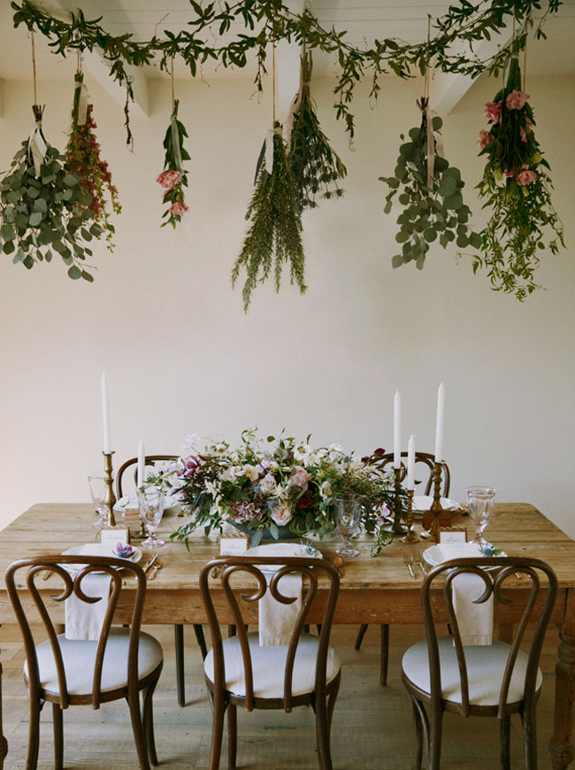 hanging greens above tablescape