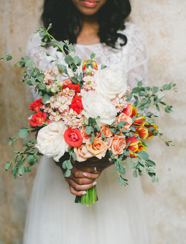 green and coral bouquet