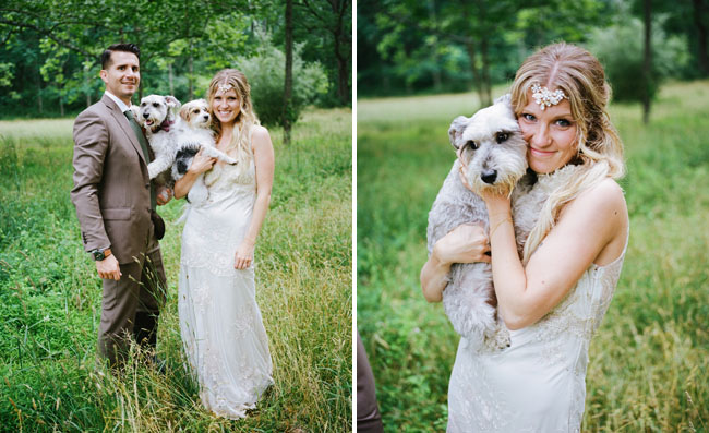 bride and groom with pups