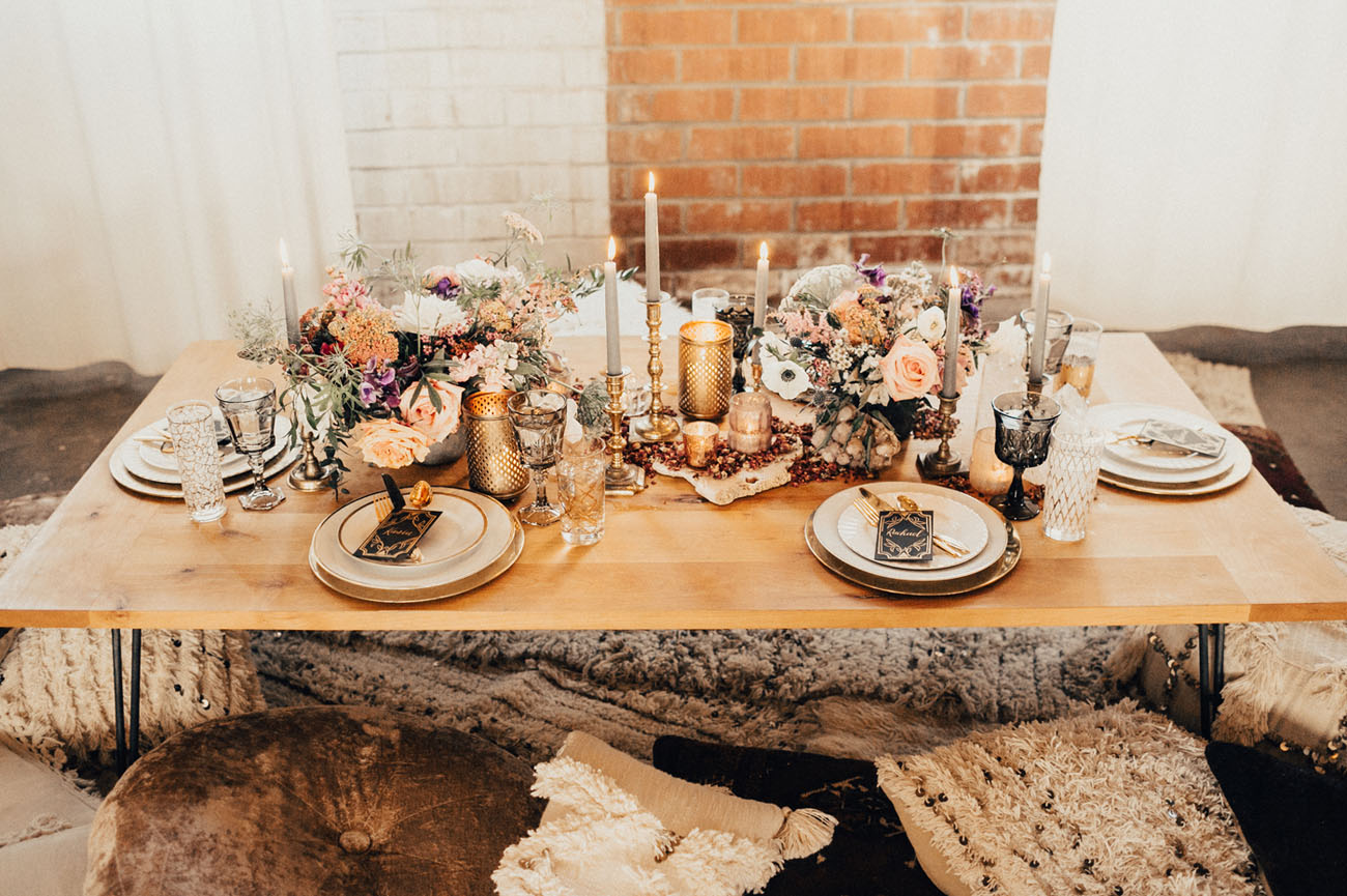 boho galentines tablescape