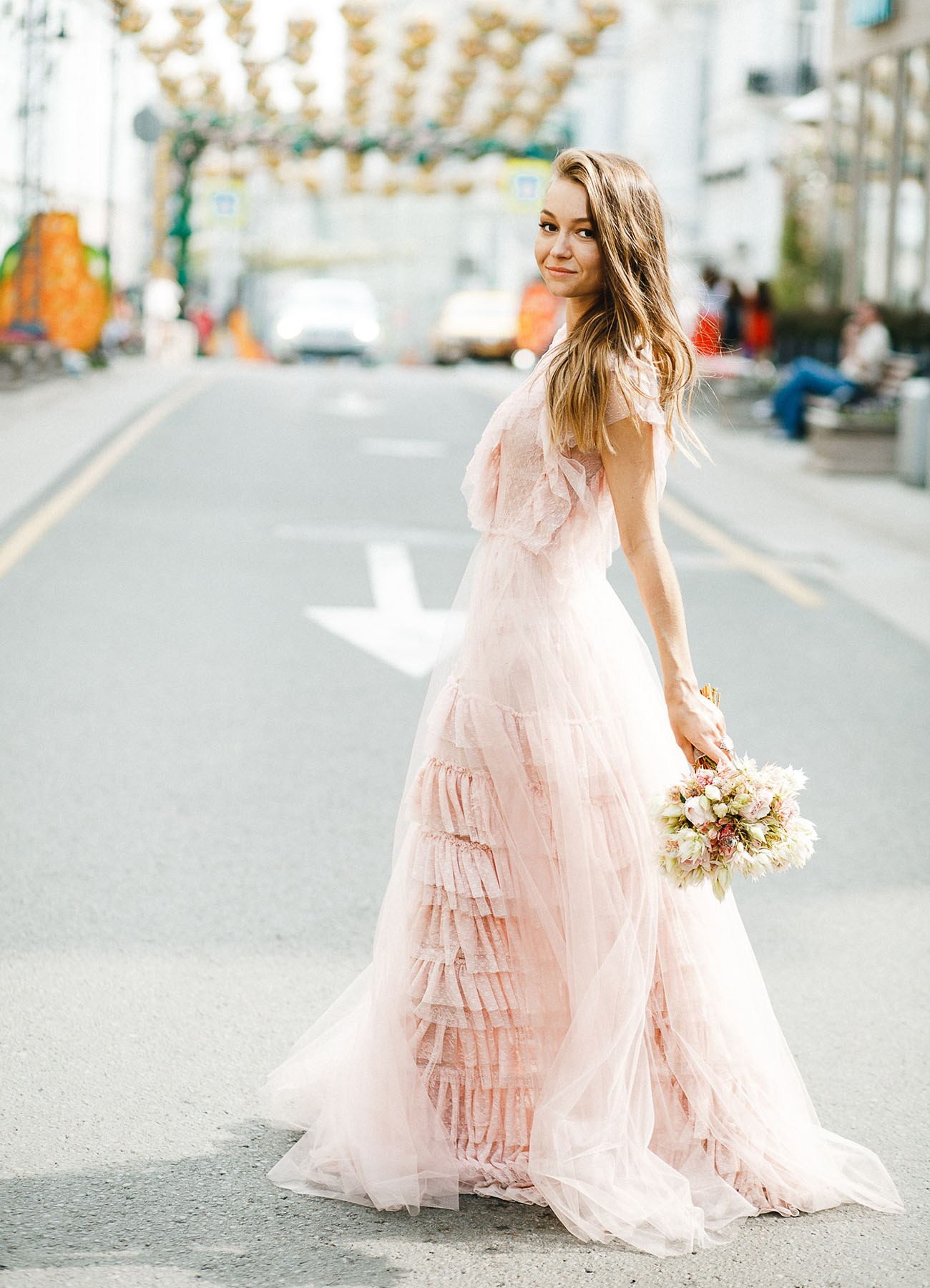 pink ruffle wedding dress