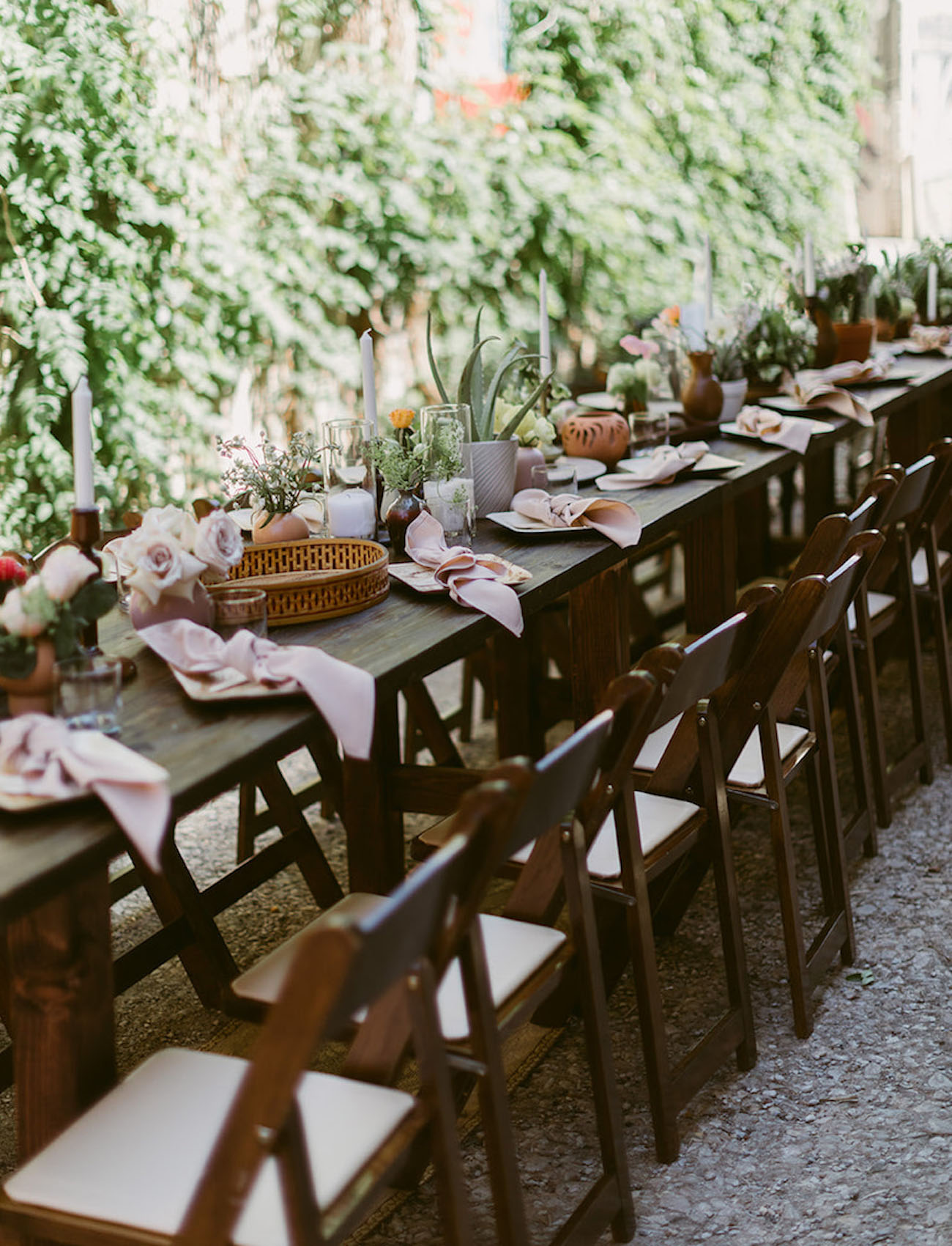 choose wedding color scheme - Alley Engagement Party rustic table with greenery and pale pink tableware