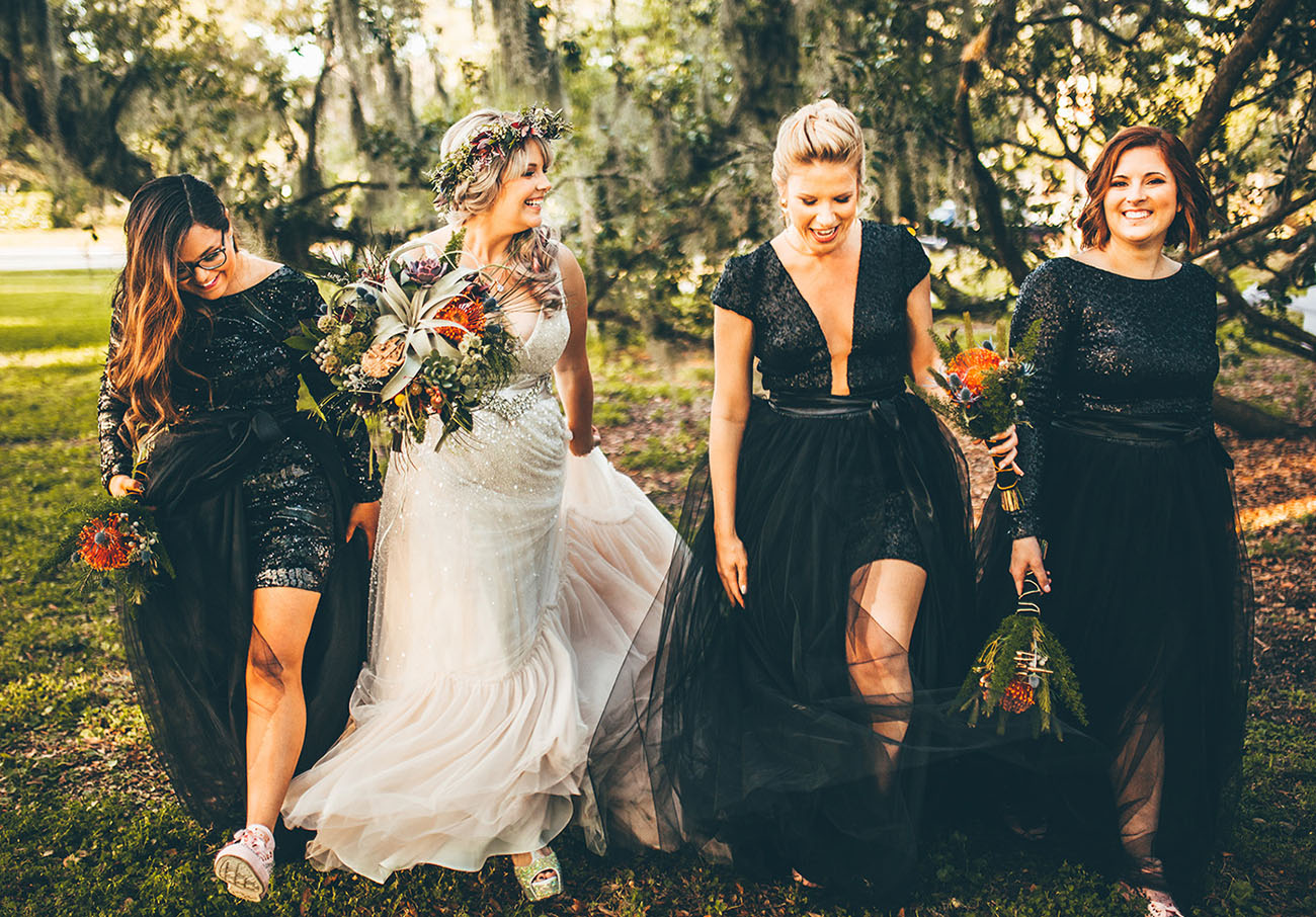 bridesmaids in black tulle skirts