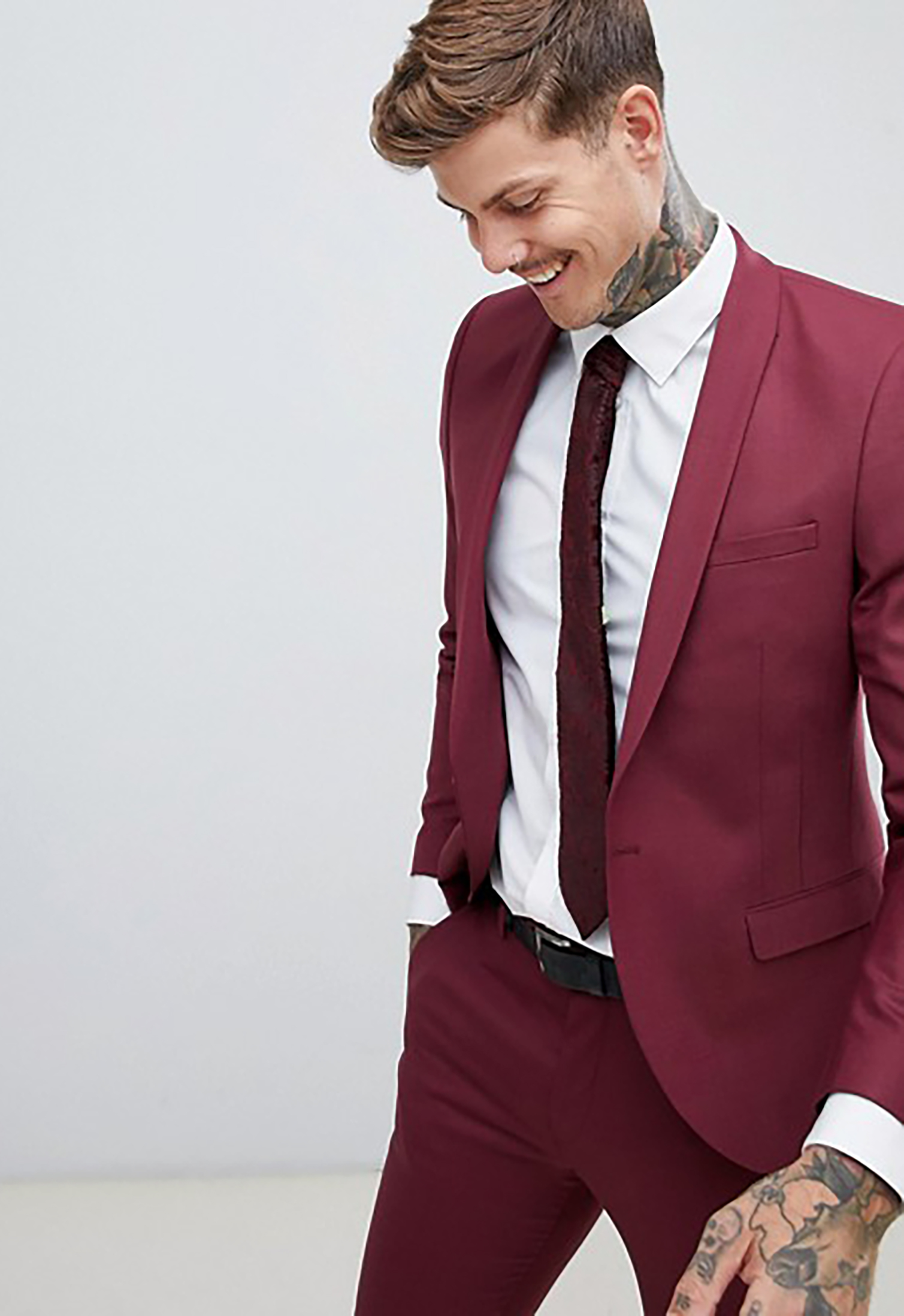burgundy skinny suit