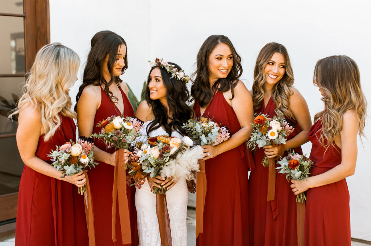 maroon bridesmaids dresses