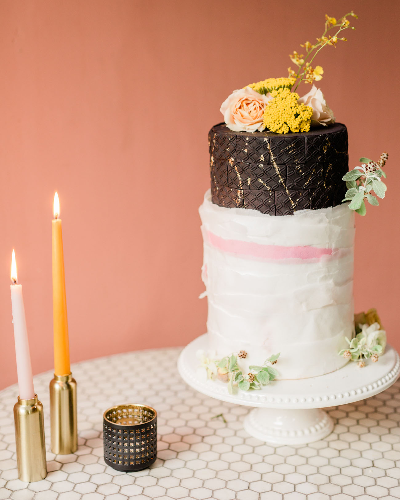 brown and pink wedding cake