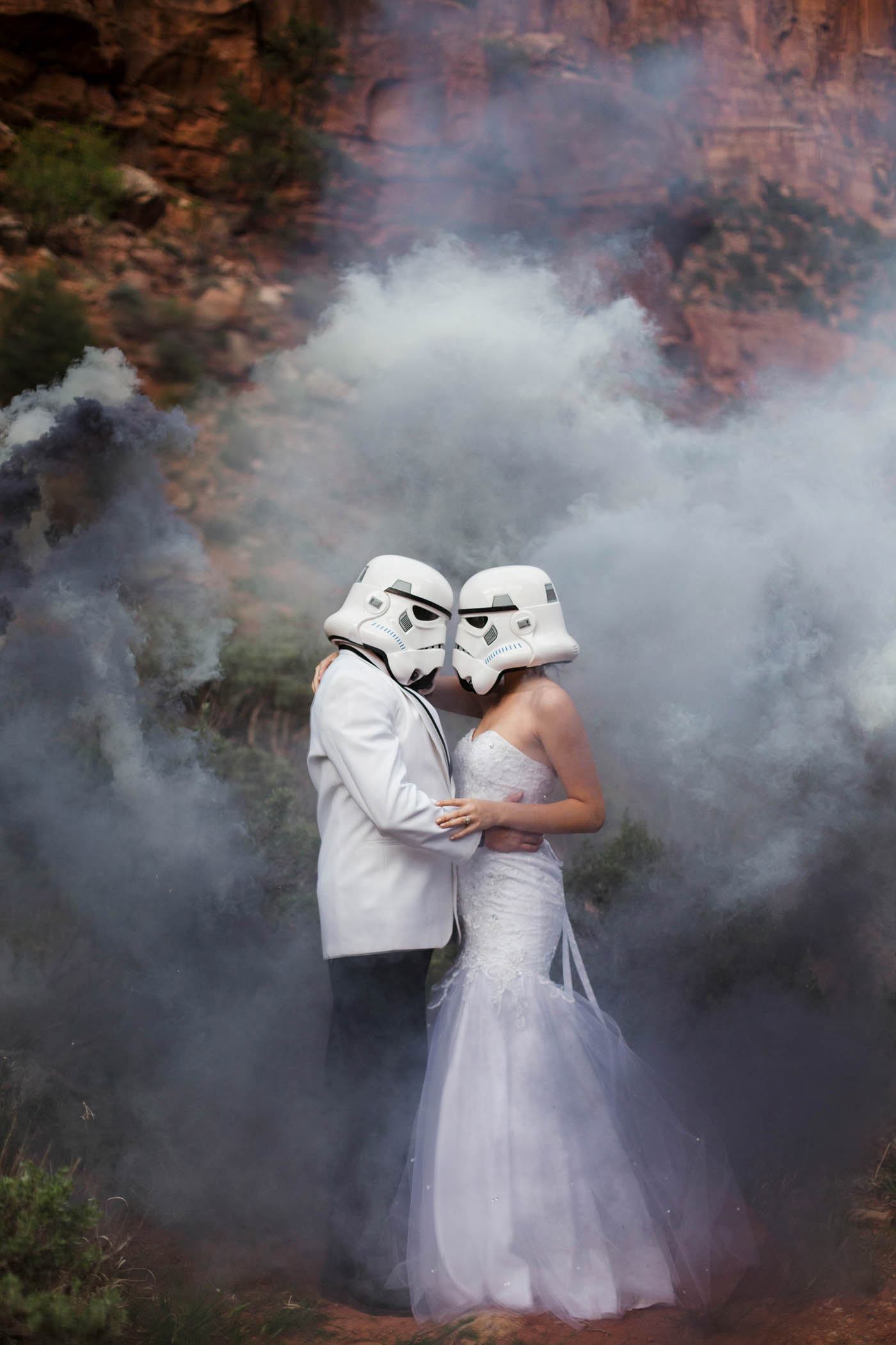 bride and groom in stormtrooper helmets