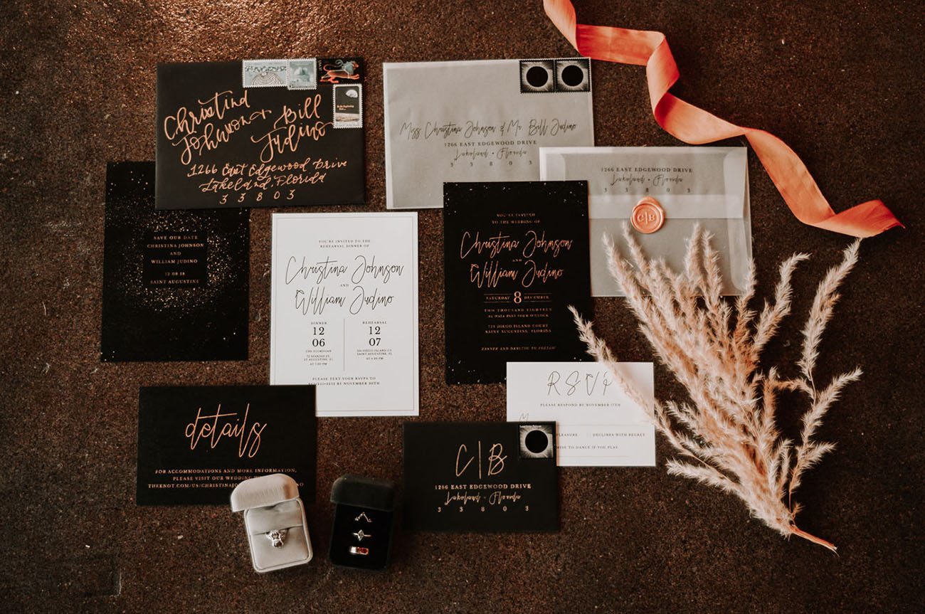 black wedding invitation suite