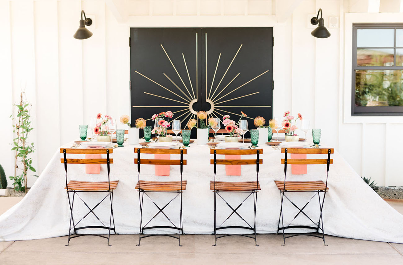 intimate teal and coral reception table