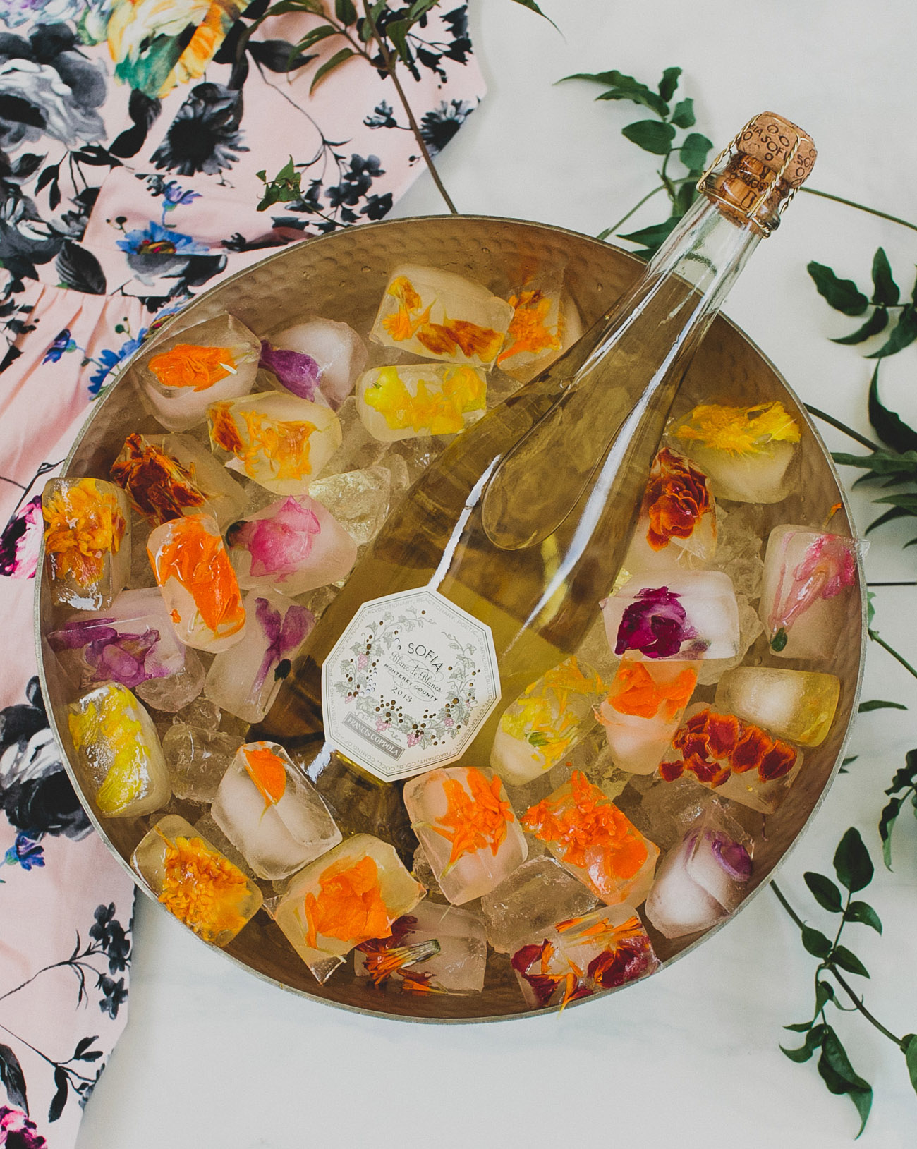 floral ice cubes and champagne