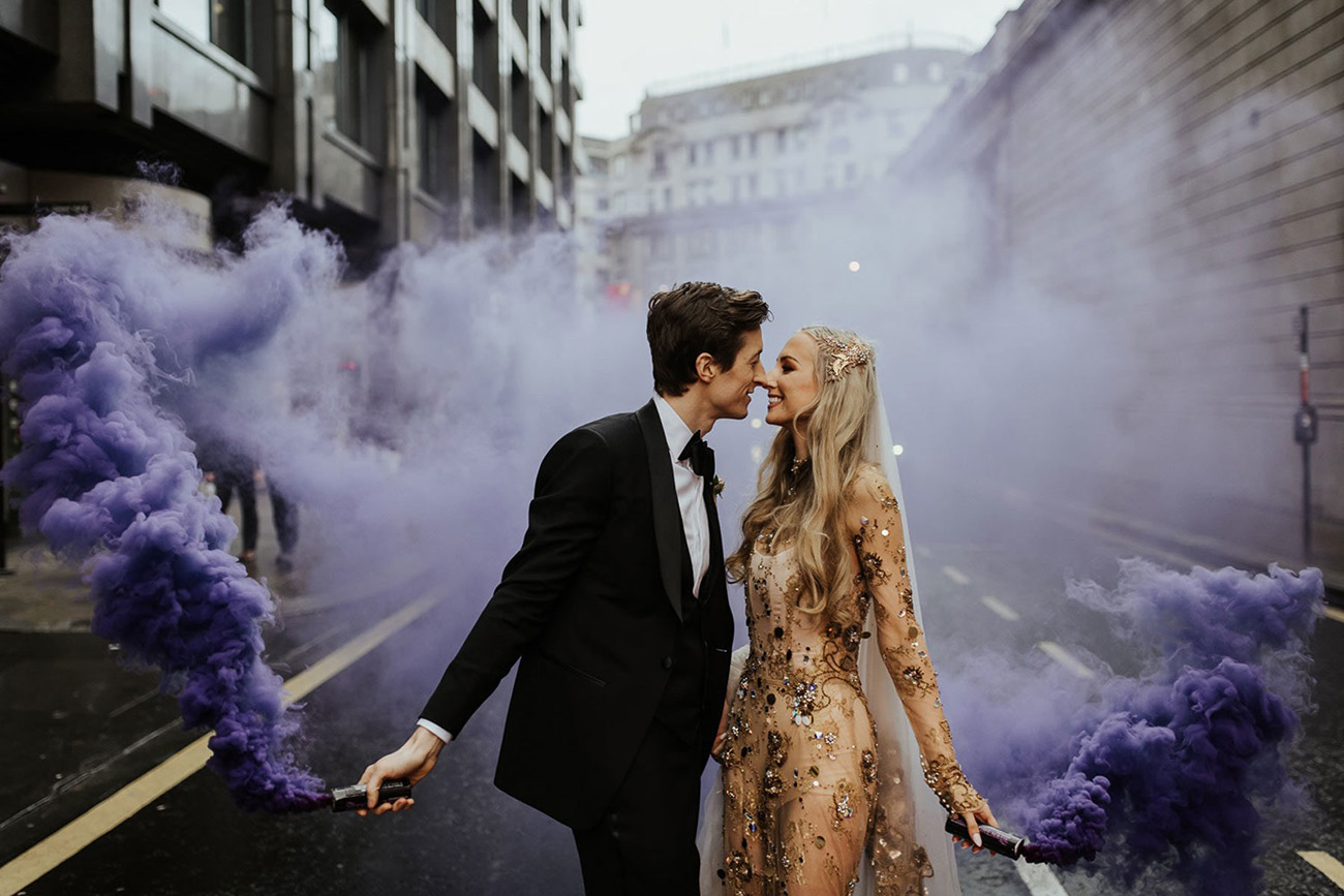 purple smoke bombs wedding photo