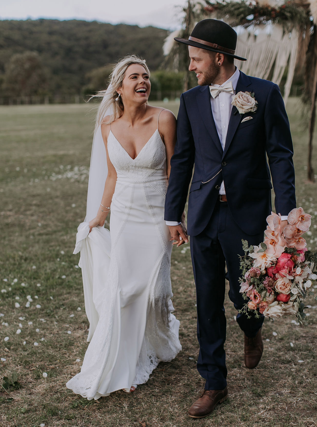 Wyatt Gown by Green Wedding Shoes and Lovers Society with pampas arch