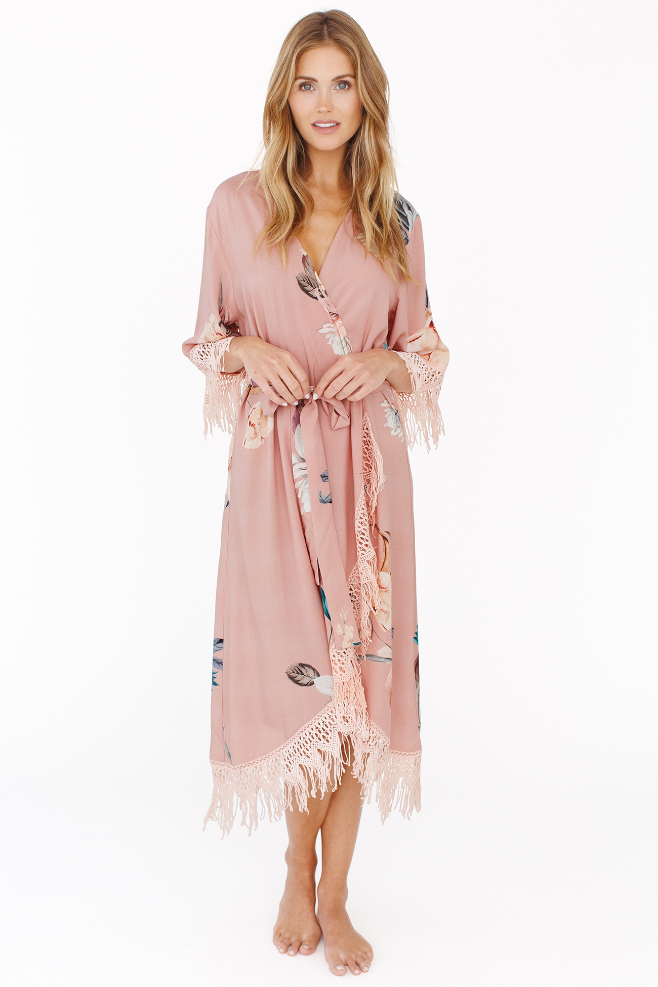 floral robe for bridesmaids and bride, fringed robe, pink robe
