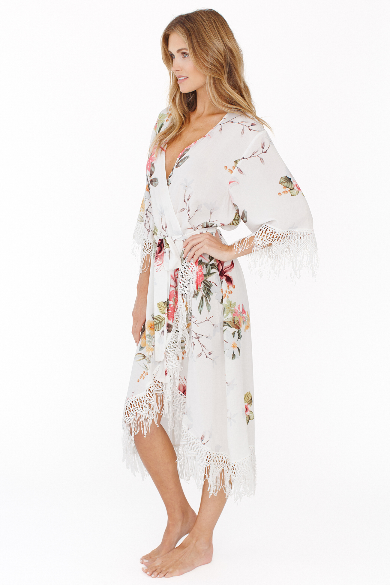 floral robe for bridesmaids and bride, fringed robe, white robe