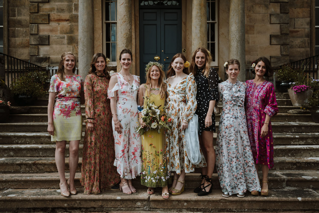 Colorful floral wedding dresses and floral bridesmaids dresses