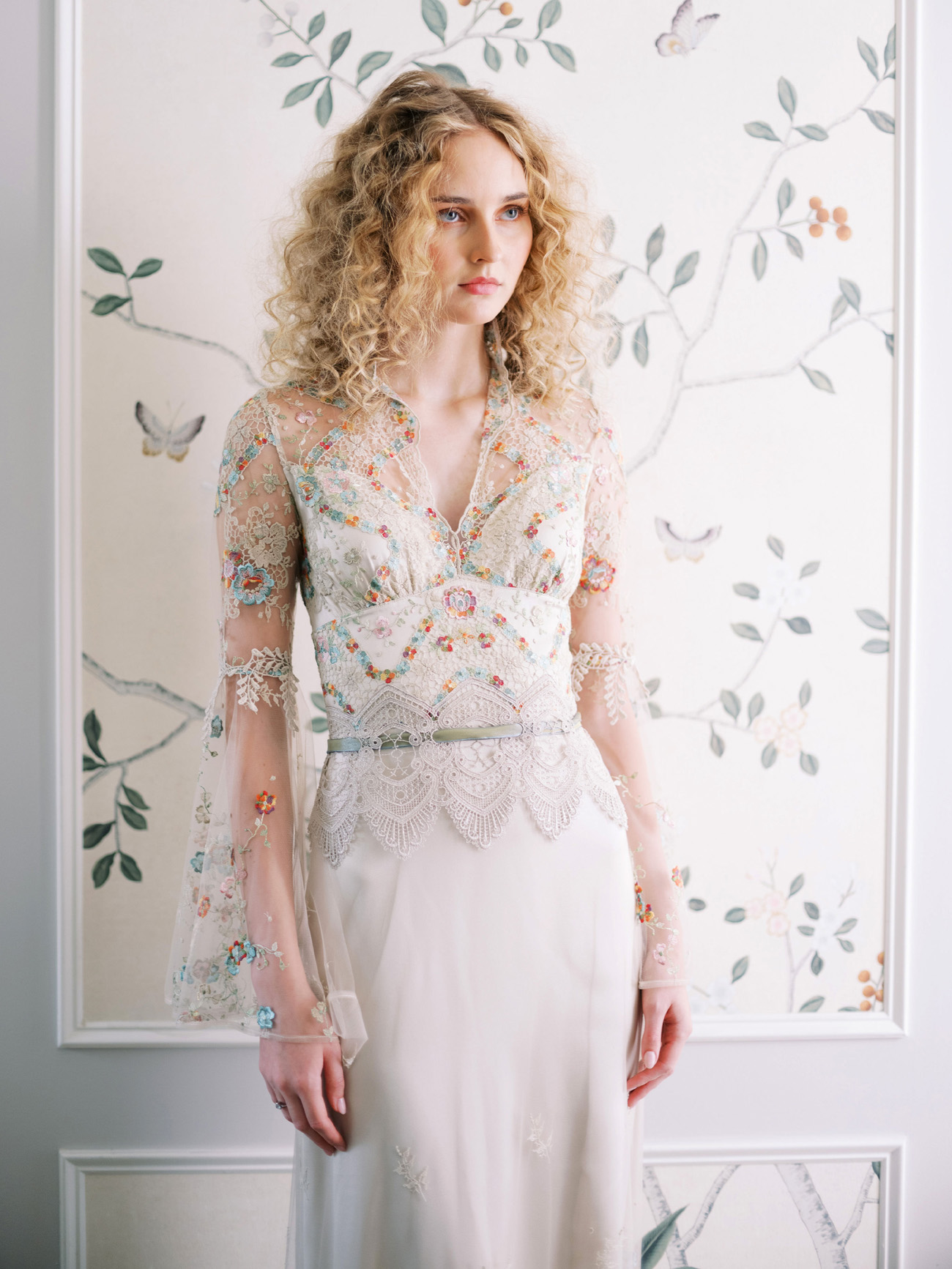 Embroidered wedding dress with rainbow flowers