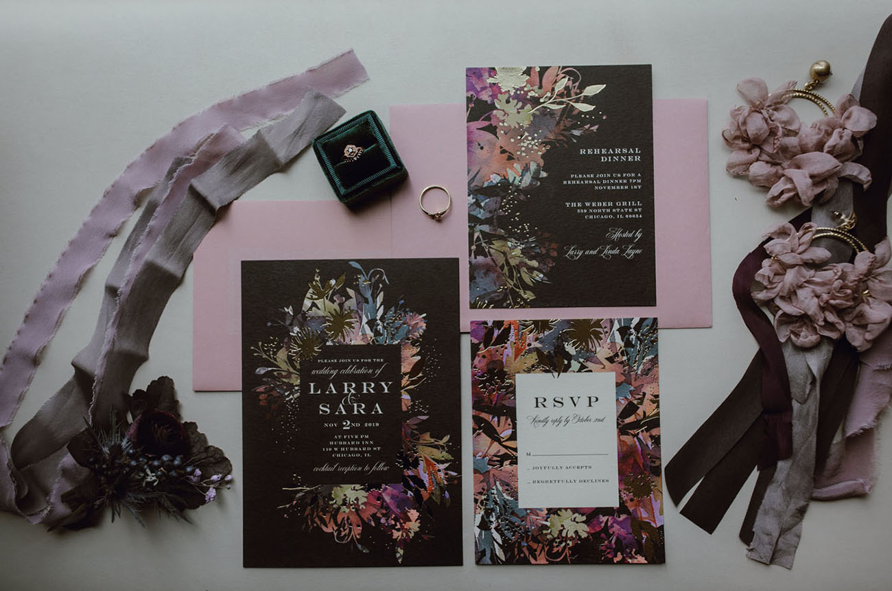 black floral wedding invitation