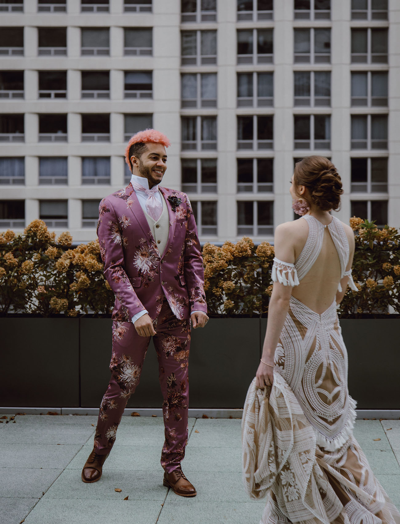 pink floral grooms suit