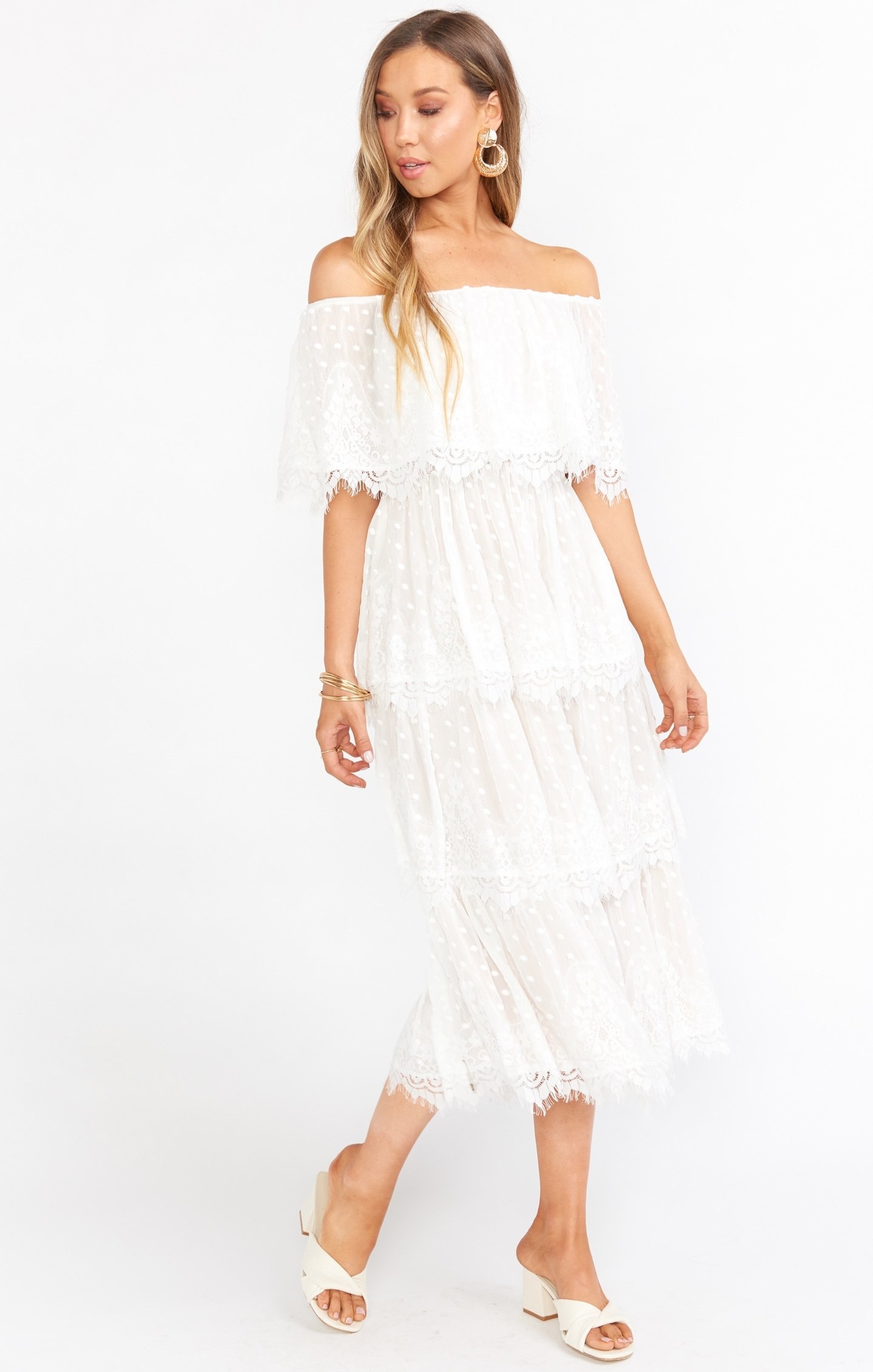 off the shoulder tiered white dress