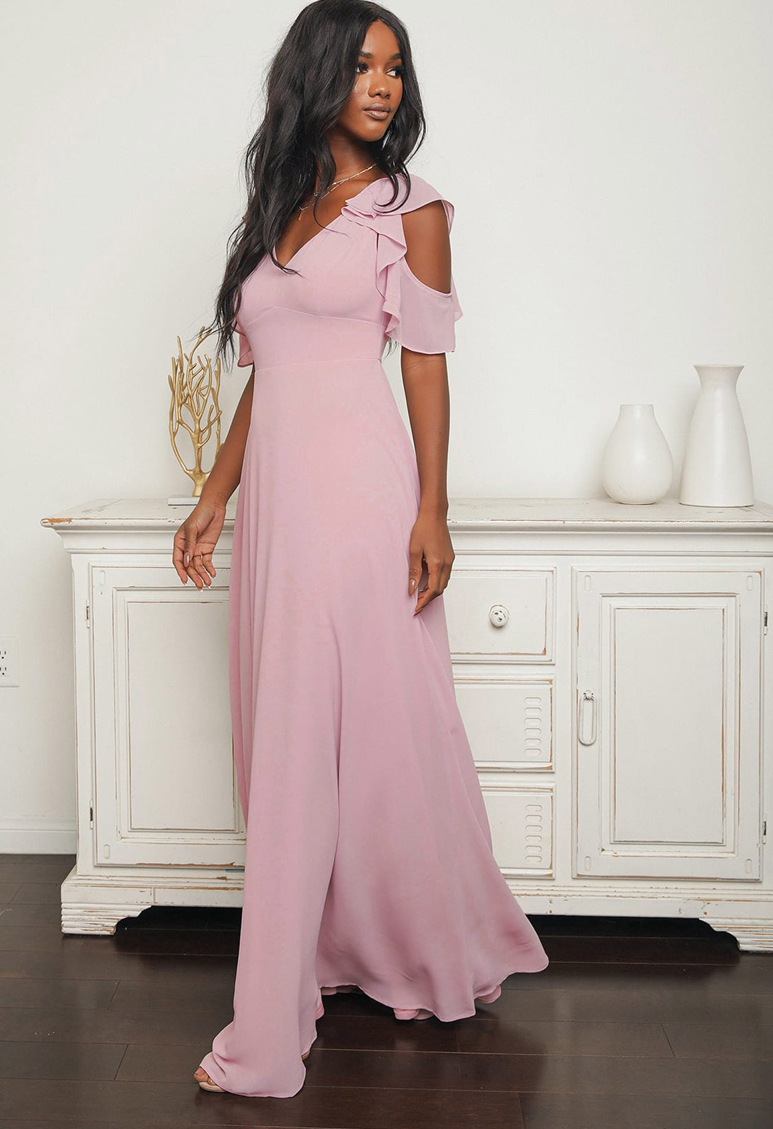 Cold Shoulder Surplice Floor Length Burgundy Satin A-line Evening Gown -  Princessly