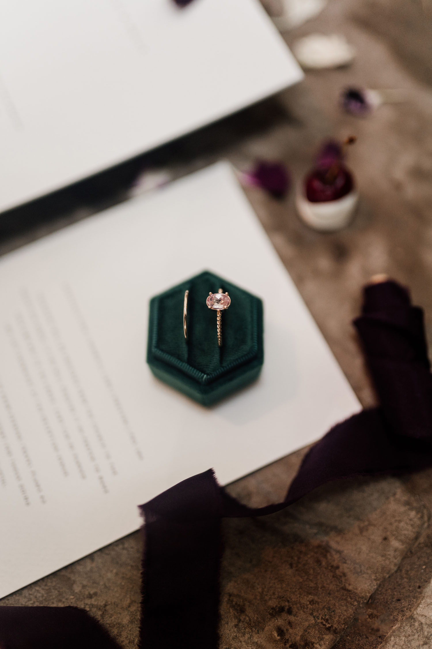 rose gold wedding ring in green box