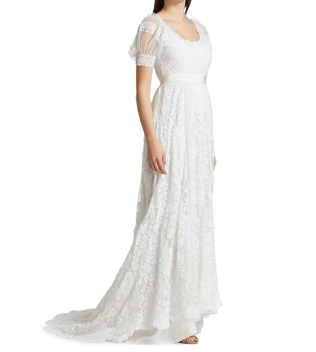 bridgerton-inspired wedding-dress white lace gown loveshackfancy