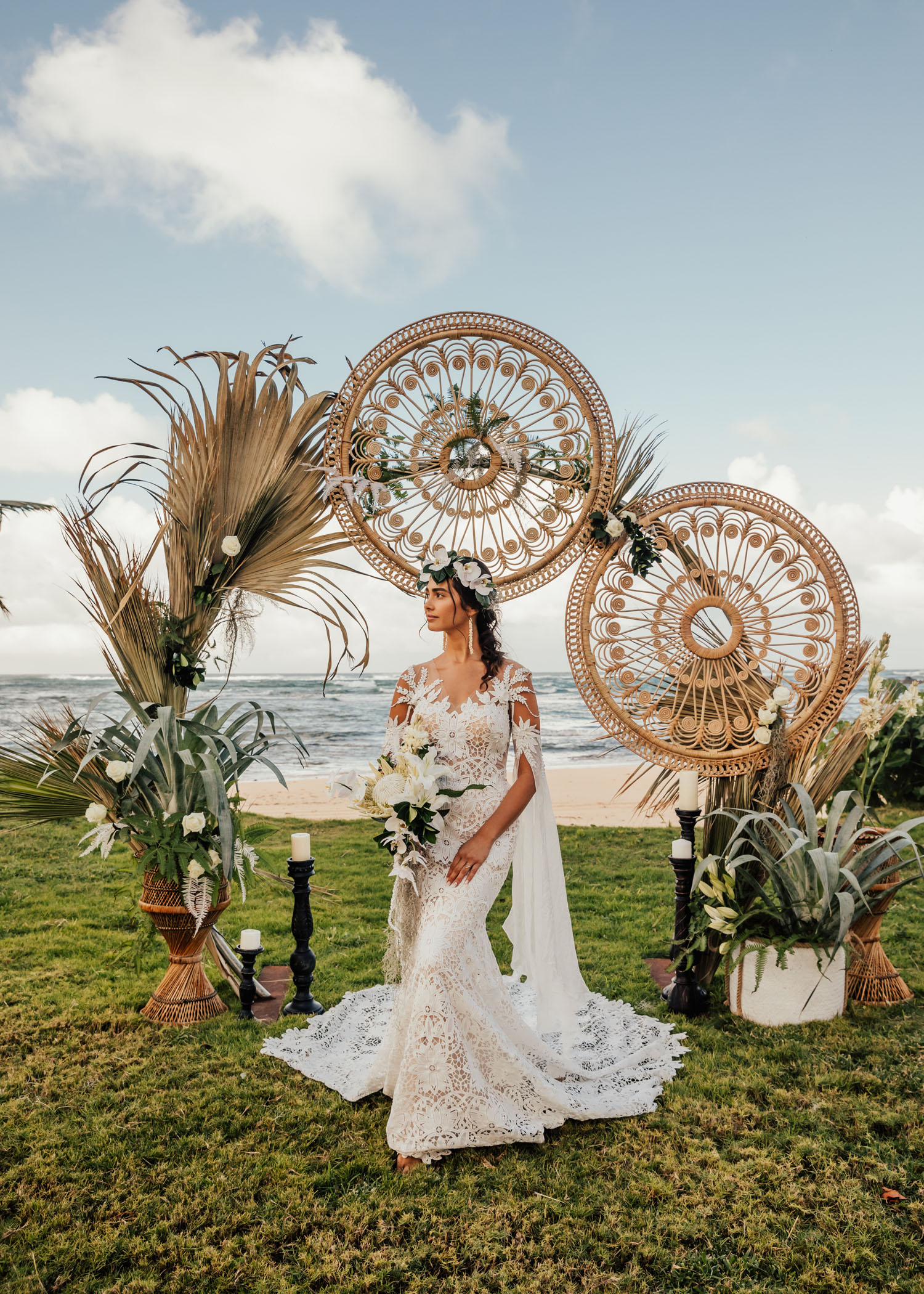 boho tropical rattan wedding backdrop