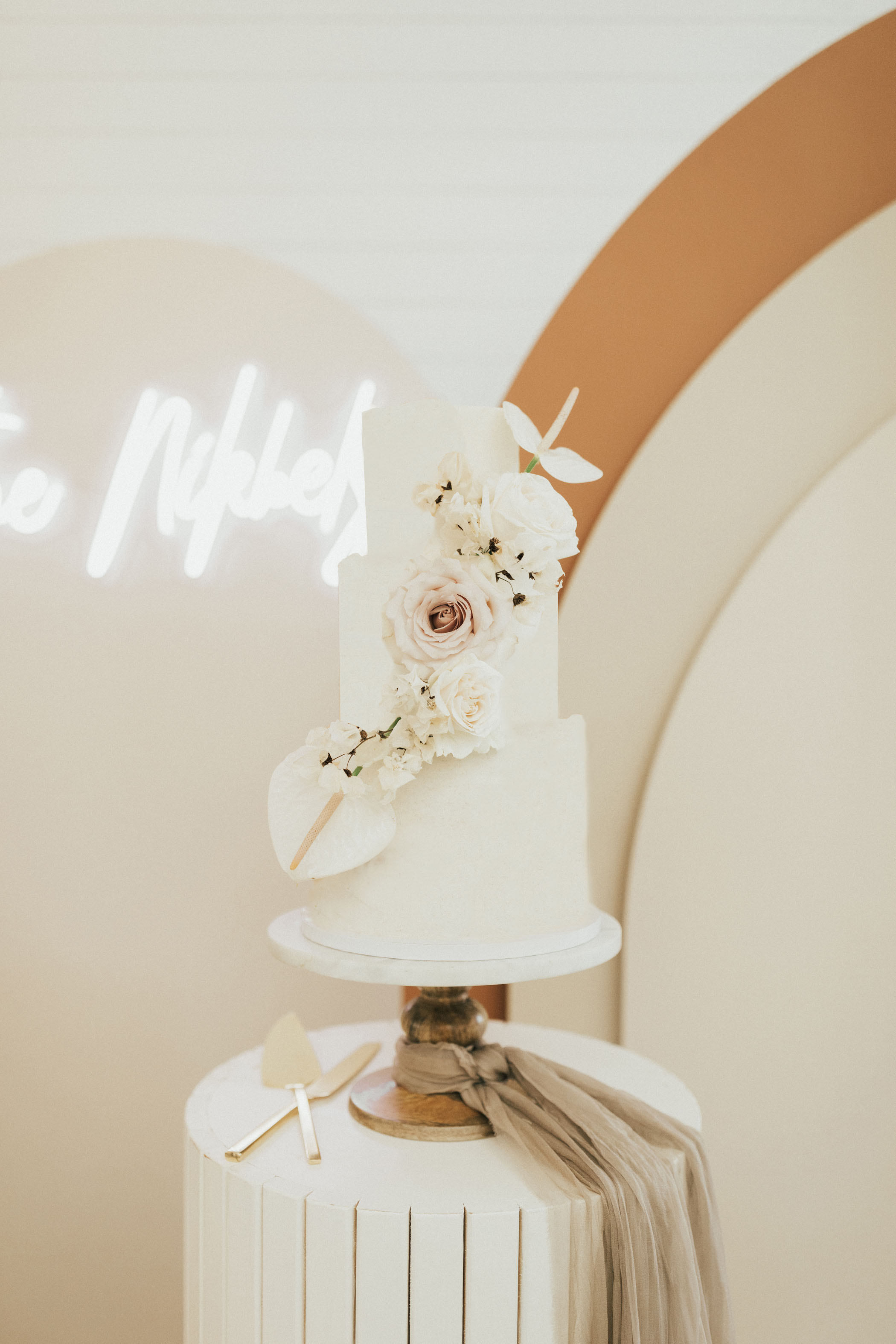 White Boho Wedding Cake with Flowers
