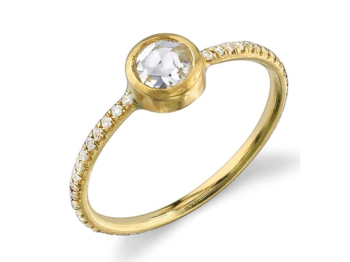 gold bezel set bohemian engagement ring with rose cut diamond