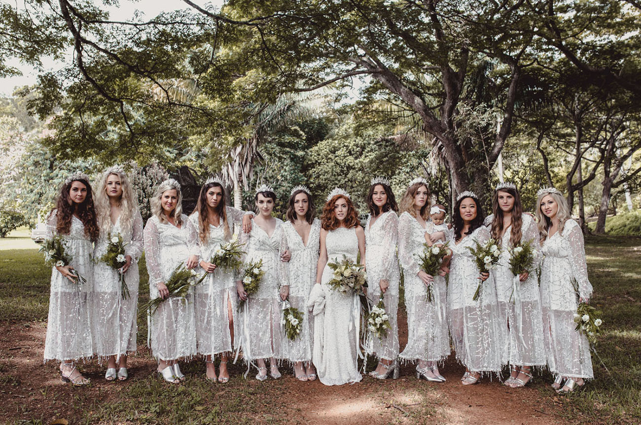 bridesmaids in silver dresses with silver bridesmaid shoes