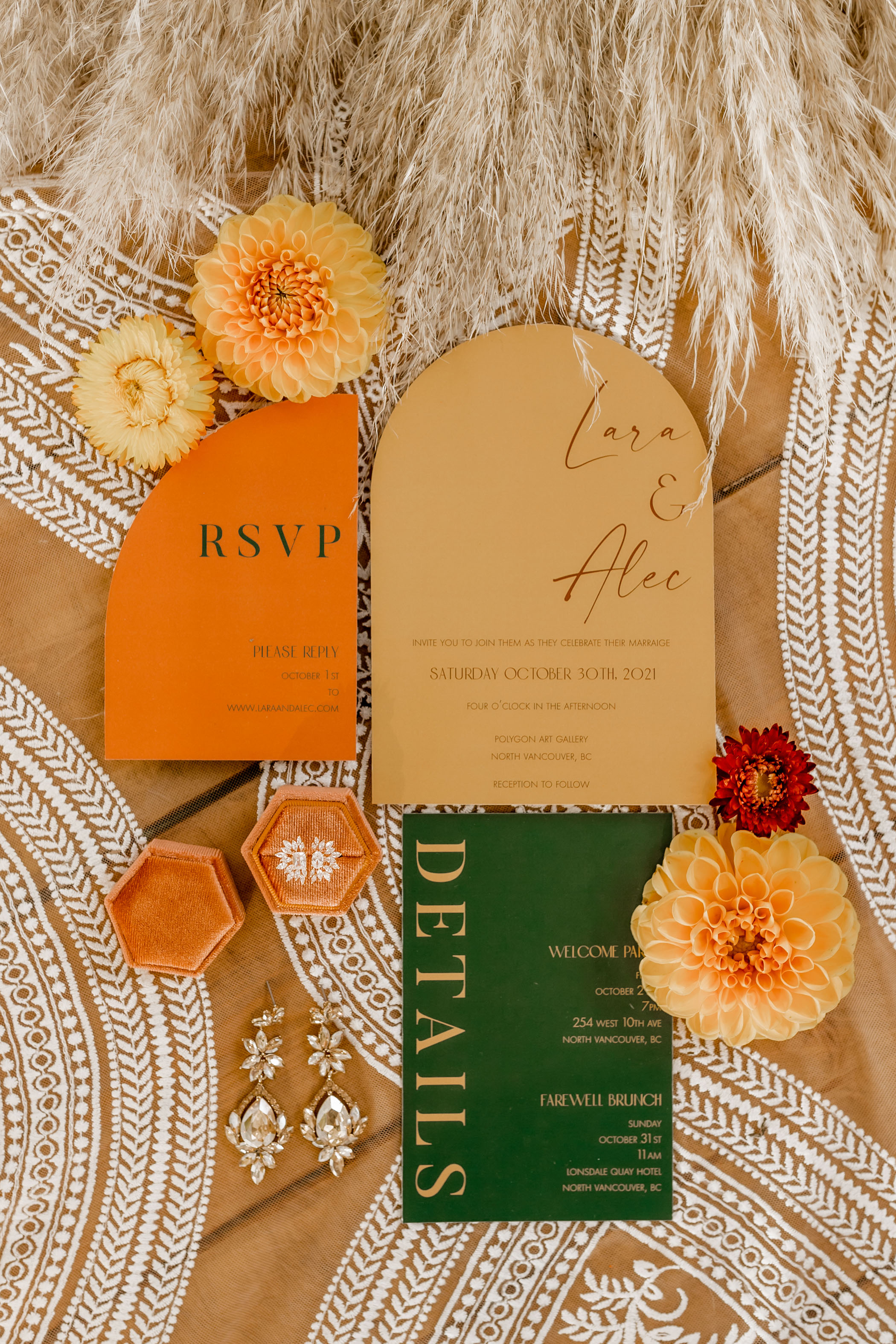 orange and green boho wedding invitations