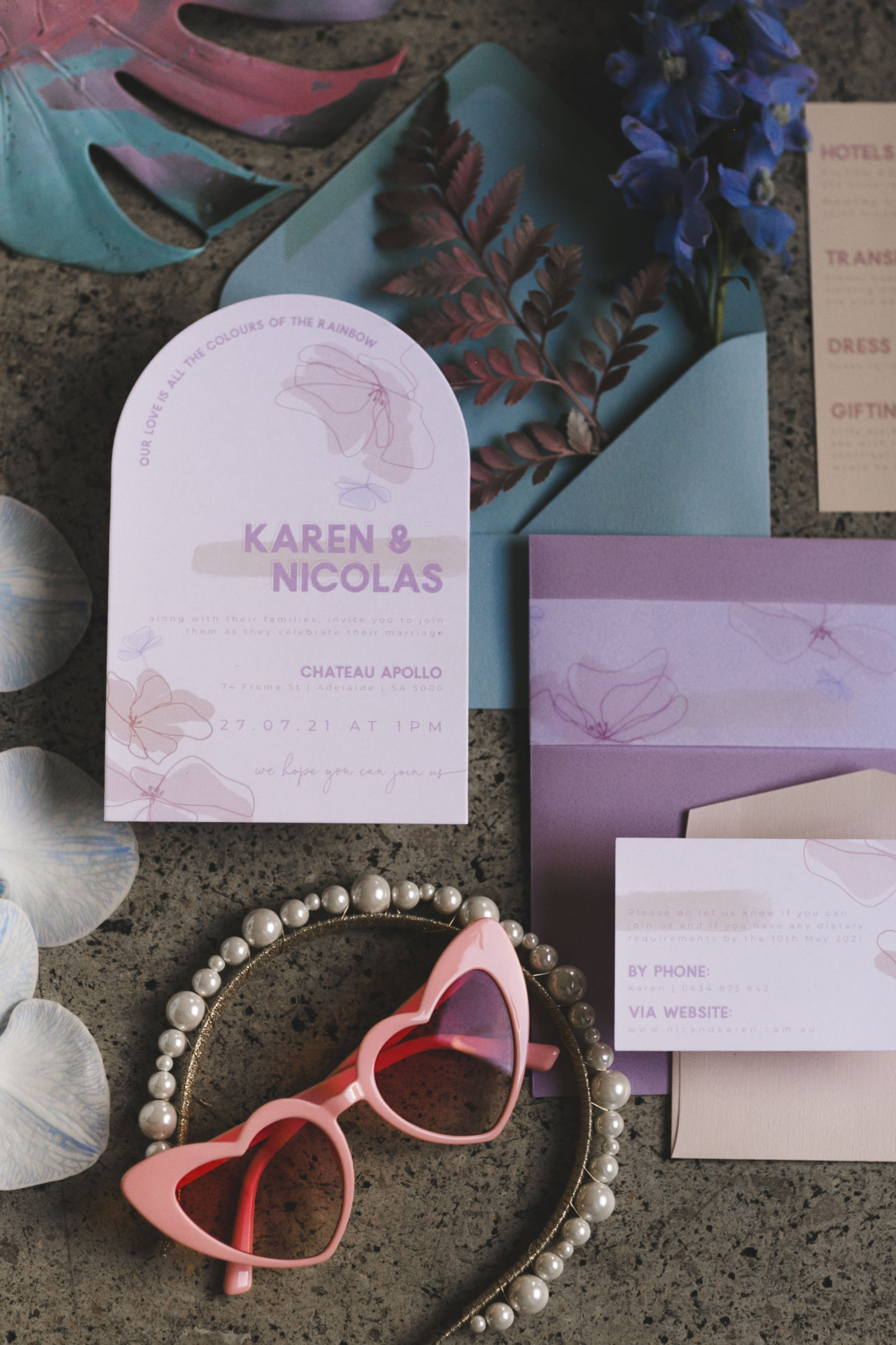 arch shaped purple wedding invitations