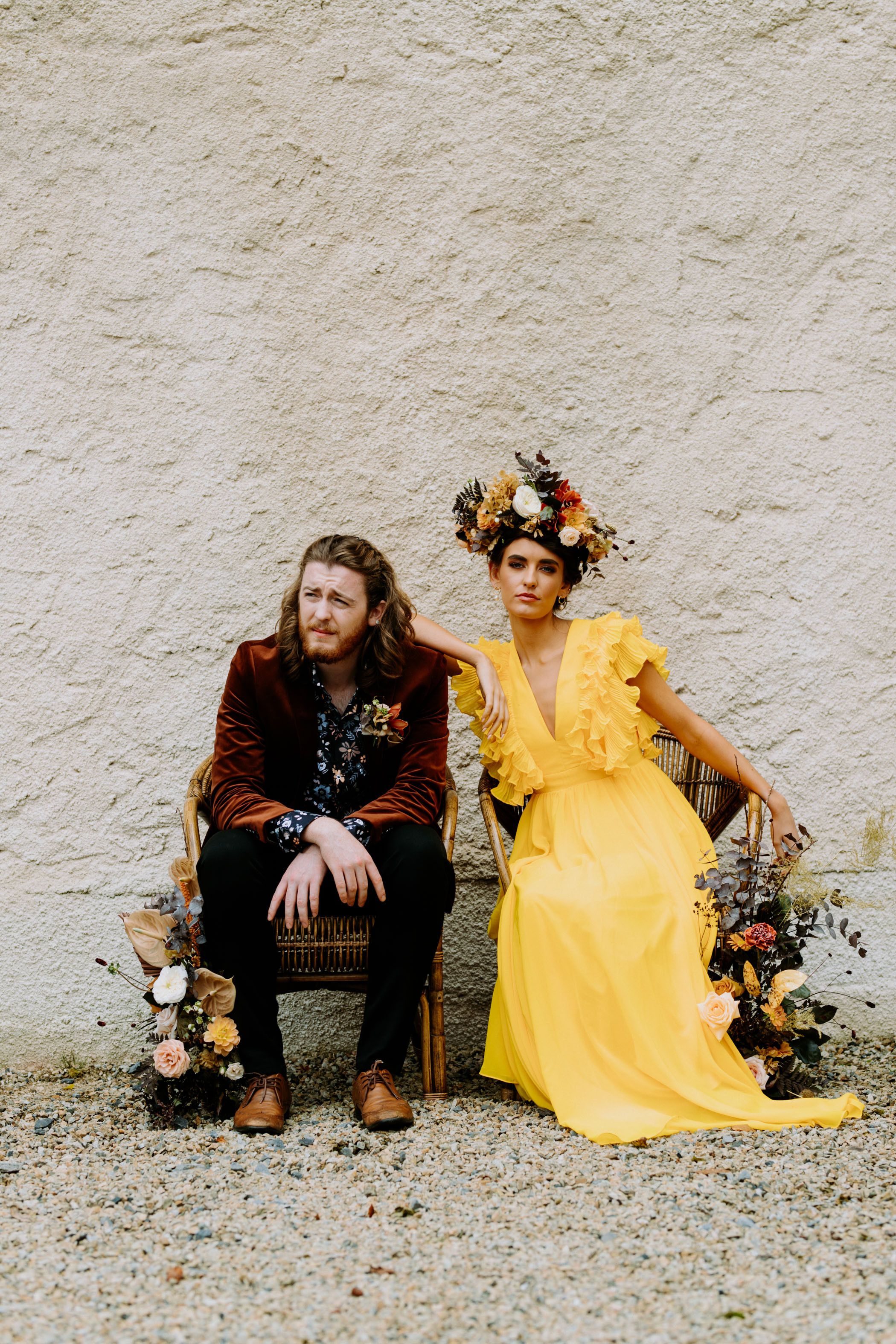 yellow wedding dress and flower crown 