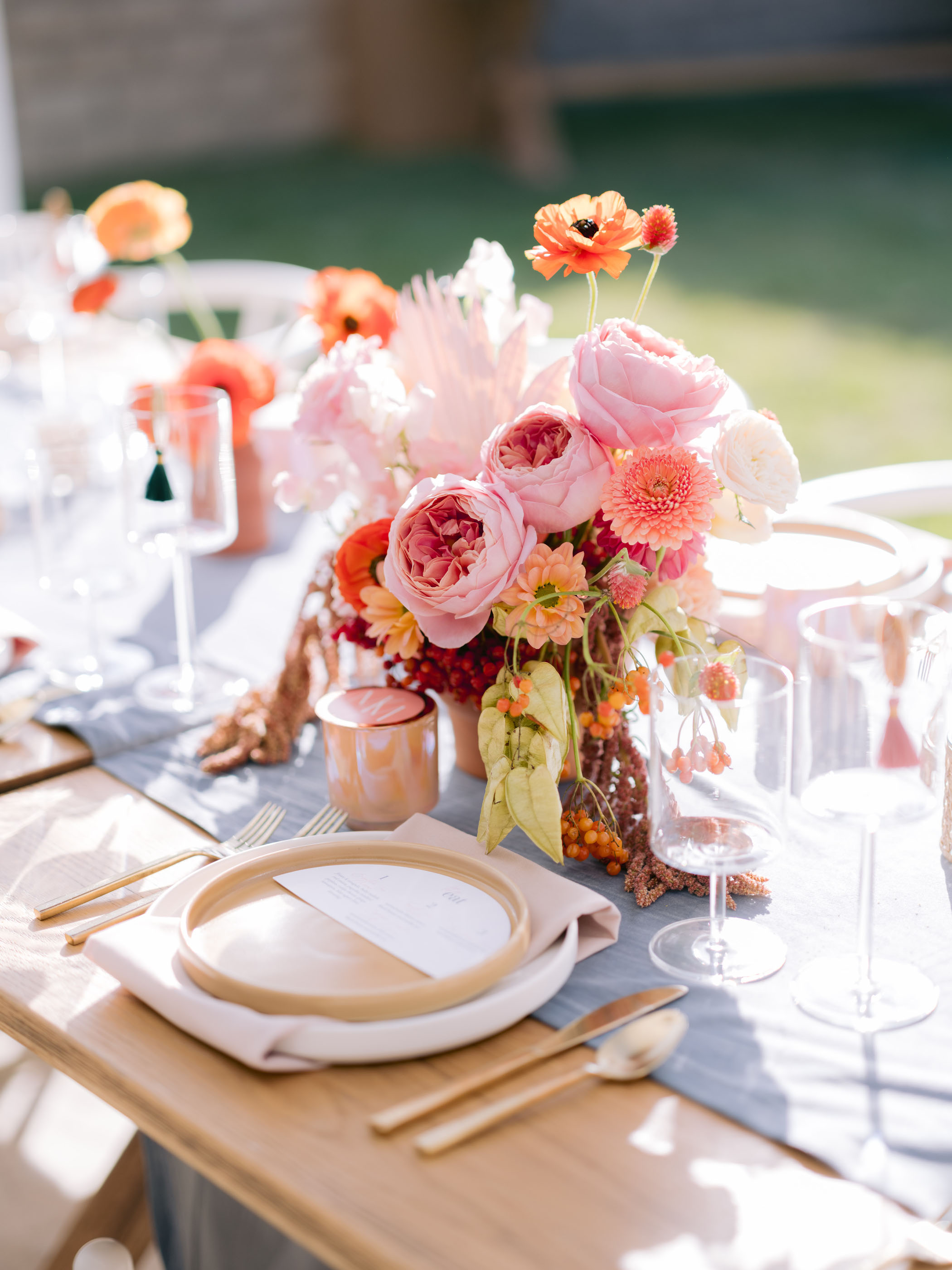 pink floral centerpiece display for housewarming party table