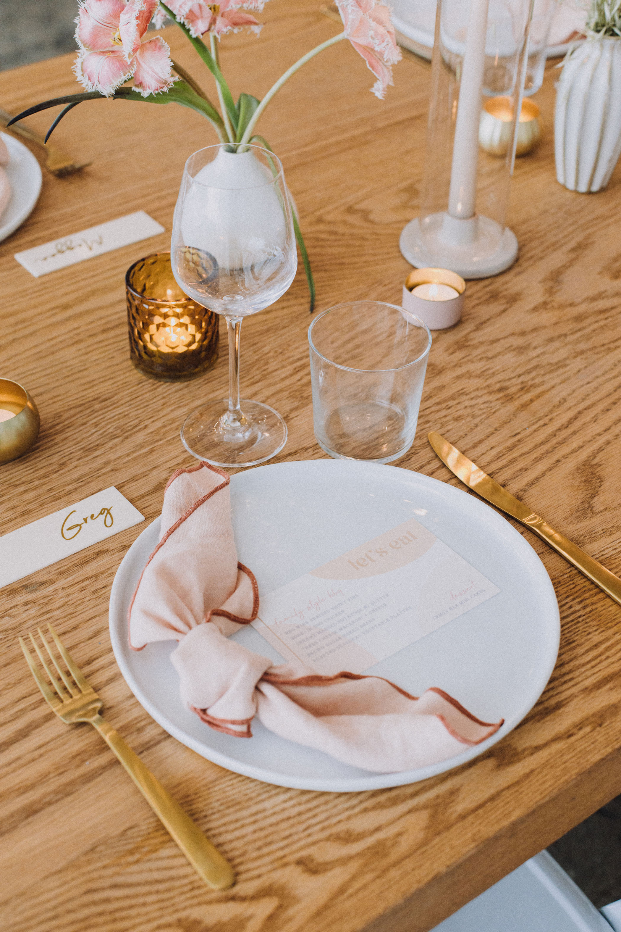 blush pink themed reception table setting