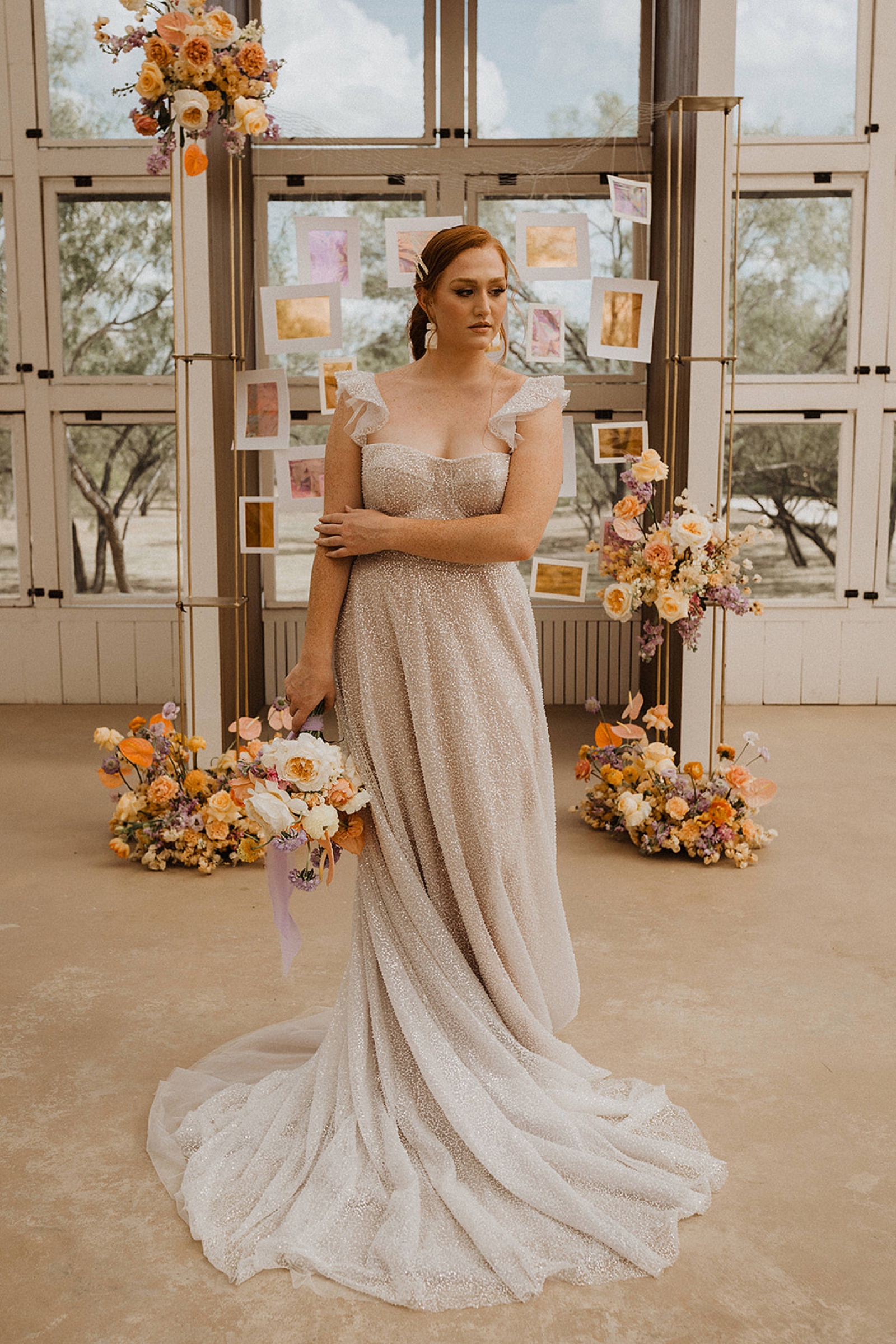 bride in glitter wedding dress