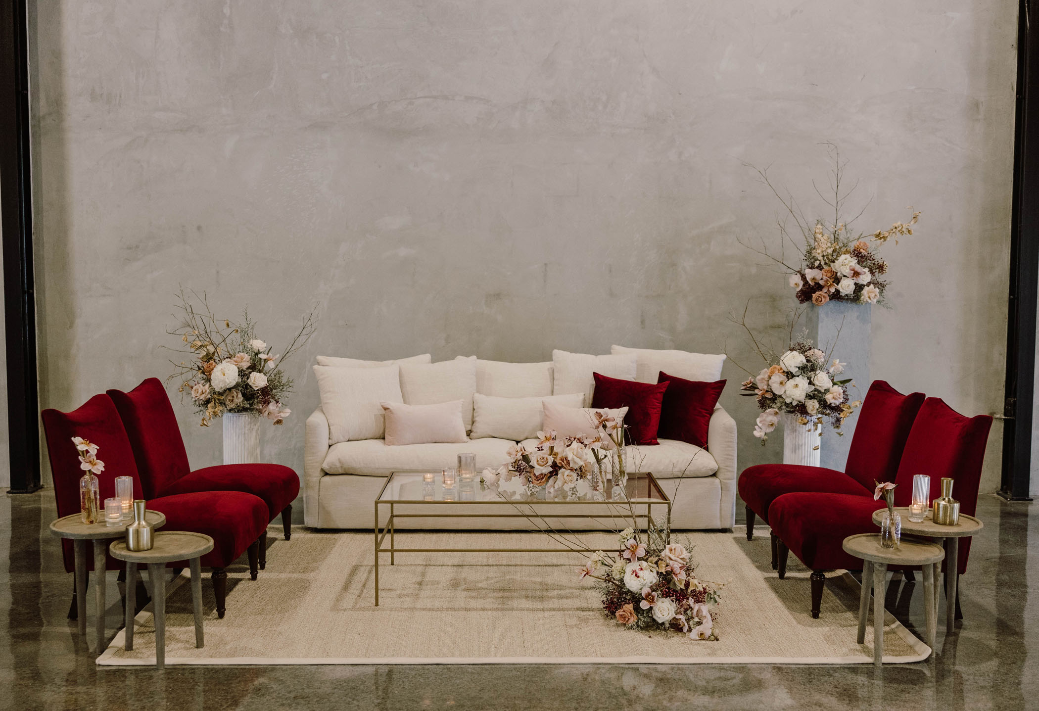red and cream colored wedding lounge